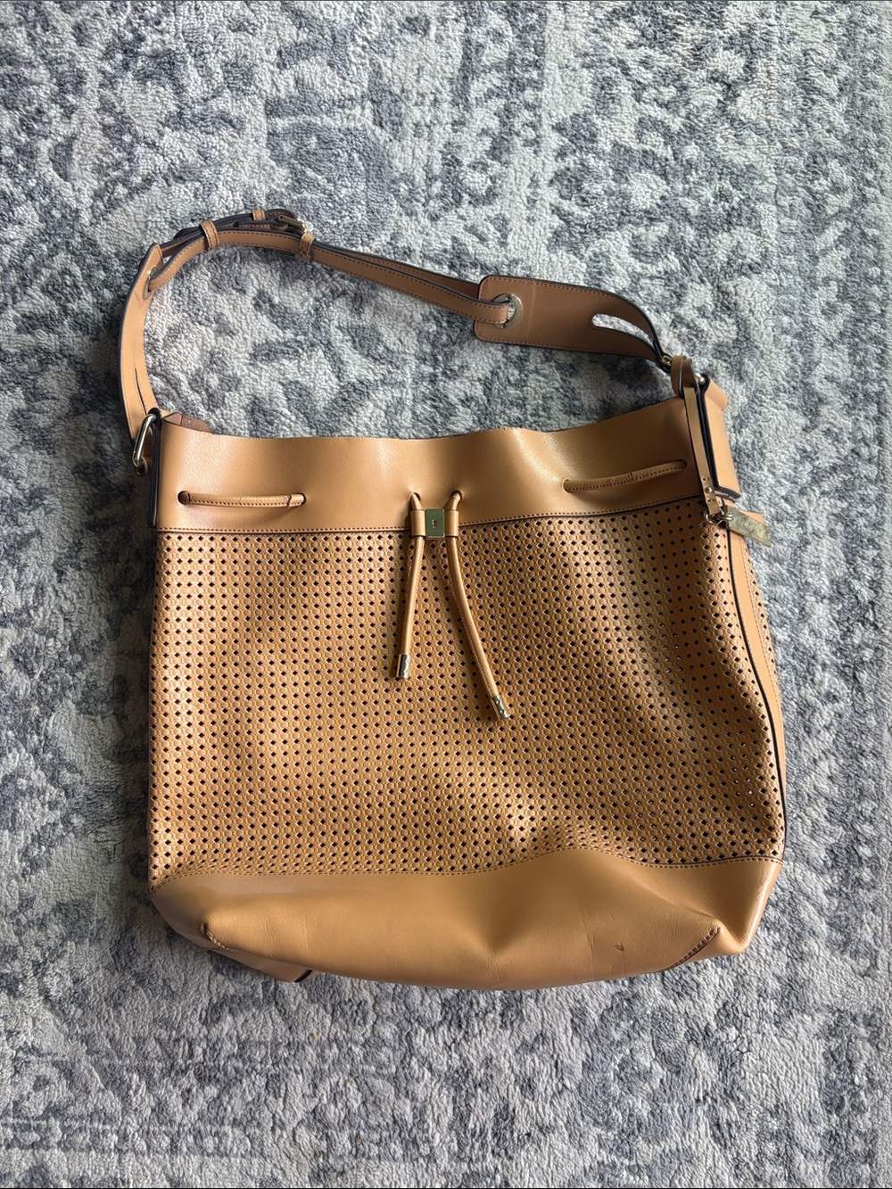 Vince Camuto Perforated Drawstring Shoulder Bag in Tan